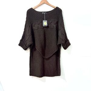 M Made In Italy Chocolate Brown Cable Knit Scoop Neck Hi Low Sweater Tunic Large